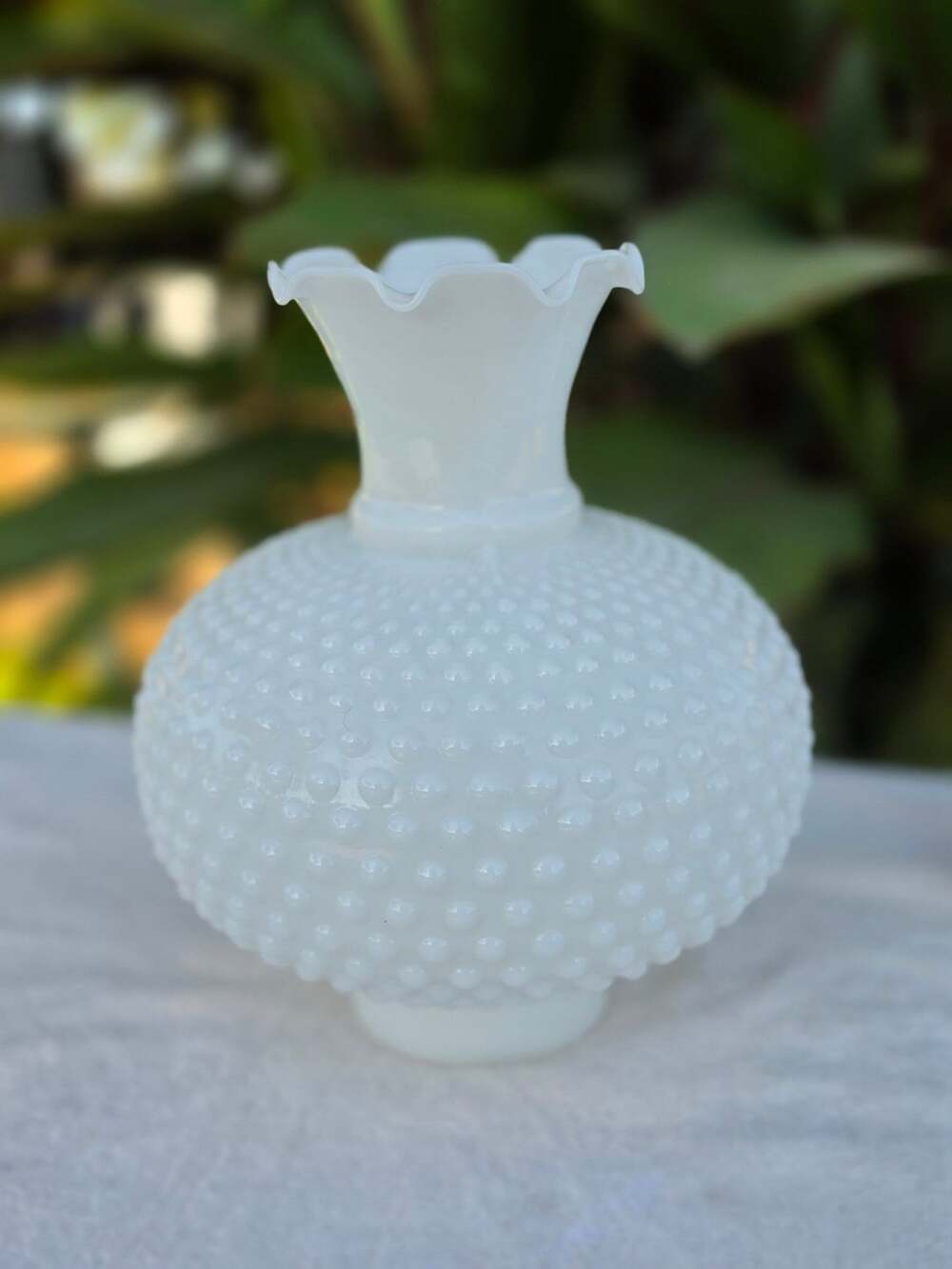 Vintage White Milk Glass Hobnail Hurricane Lamp Shade Ruffled